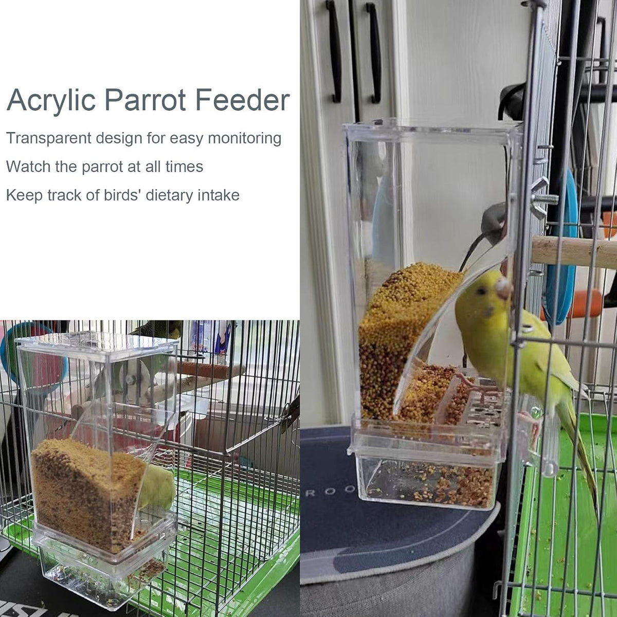 Automatic No Mess Bird Cage Feeder Acrylic Transparent Parrot Feeders