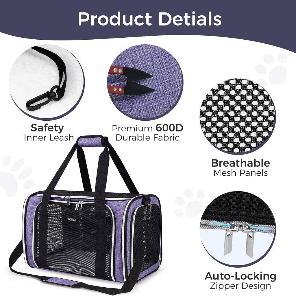 Soft Pet Carrier for Cats & Small Dogs, Airline Approved, 18 lbs, Purple