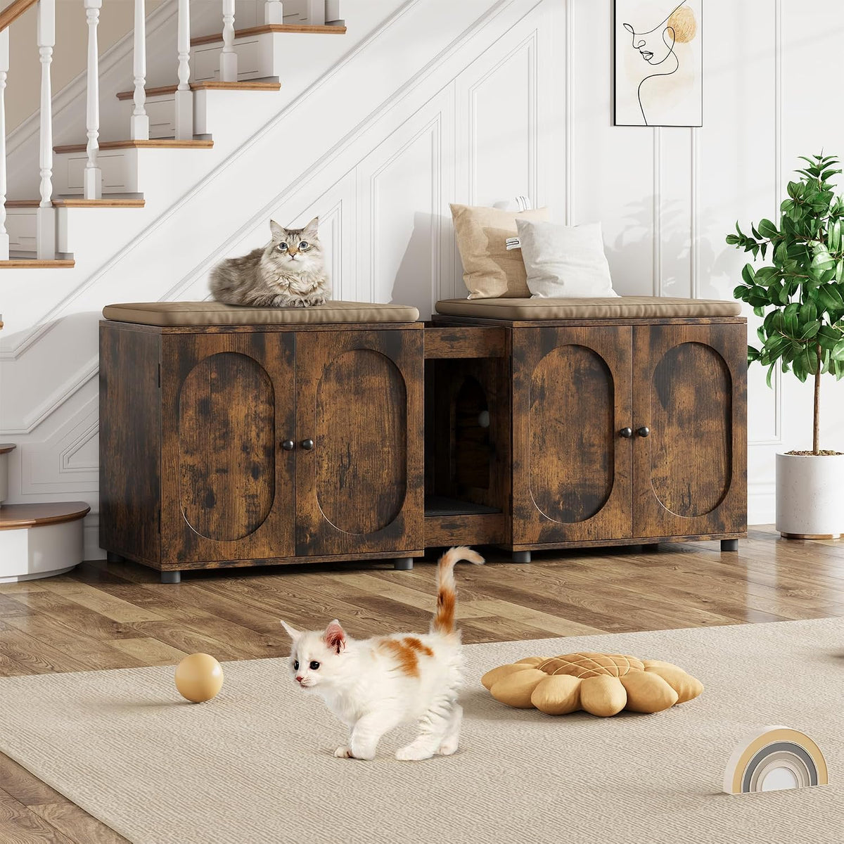 Garvee 55.1" Double Litter Box Enclosure, Retro Cat Box Furniture for 2 Cats, Cat Litter Box Furniture Hidden with Cat Scratch Pad, Large Indoor Pet House with Double Room, Retro Brown Color