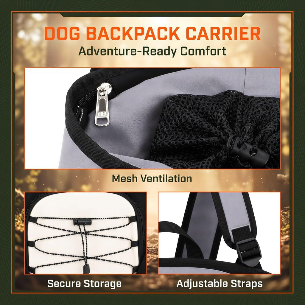 Dog Backpack Carrier, 15.7 x 12.2 x 7.9 in Pet Carrier with Mesh Drawstring Opening, Oxford Cloth Chest Bag with Front Pocket for Small Dogs Cats, Gray Travel Bag for Walking Hiking Vet