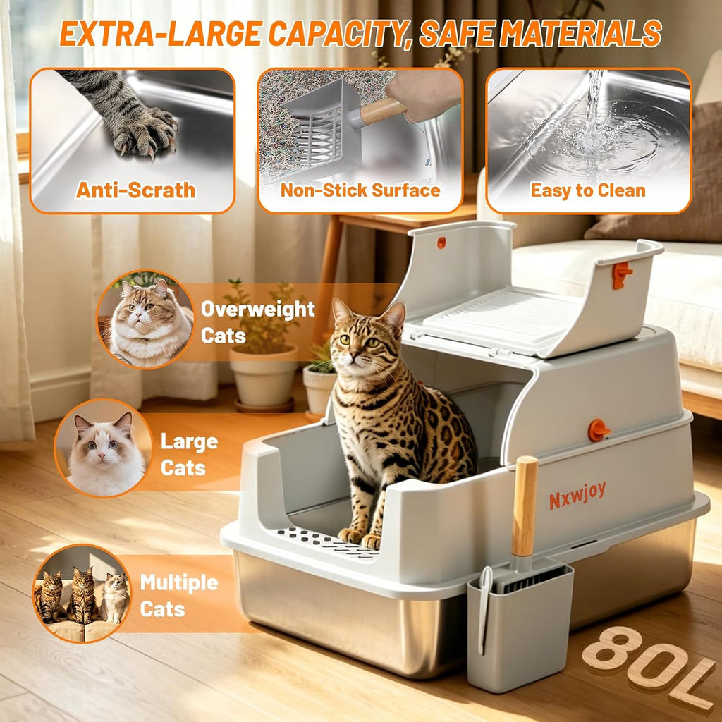 Stainless Steel Litter Box with Lid & Cat Litter Scoop Mat Grey