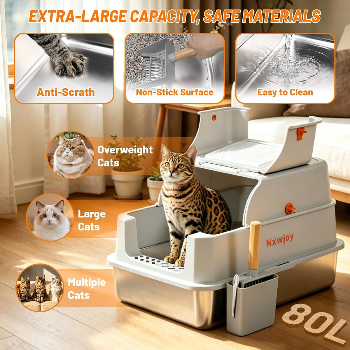 Stainless Steel Litter Box with Lid & Cat Litter Scoop Mat Grey