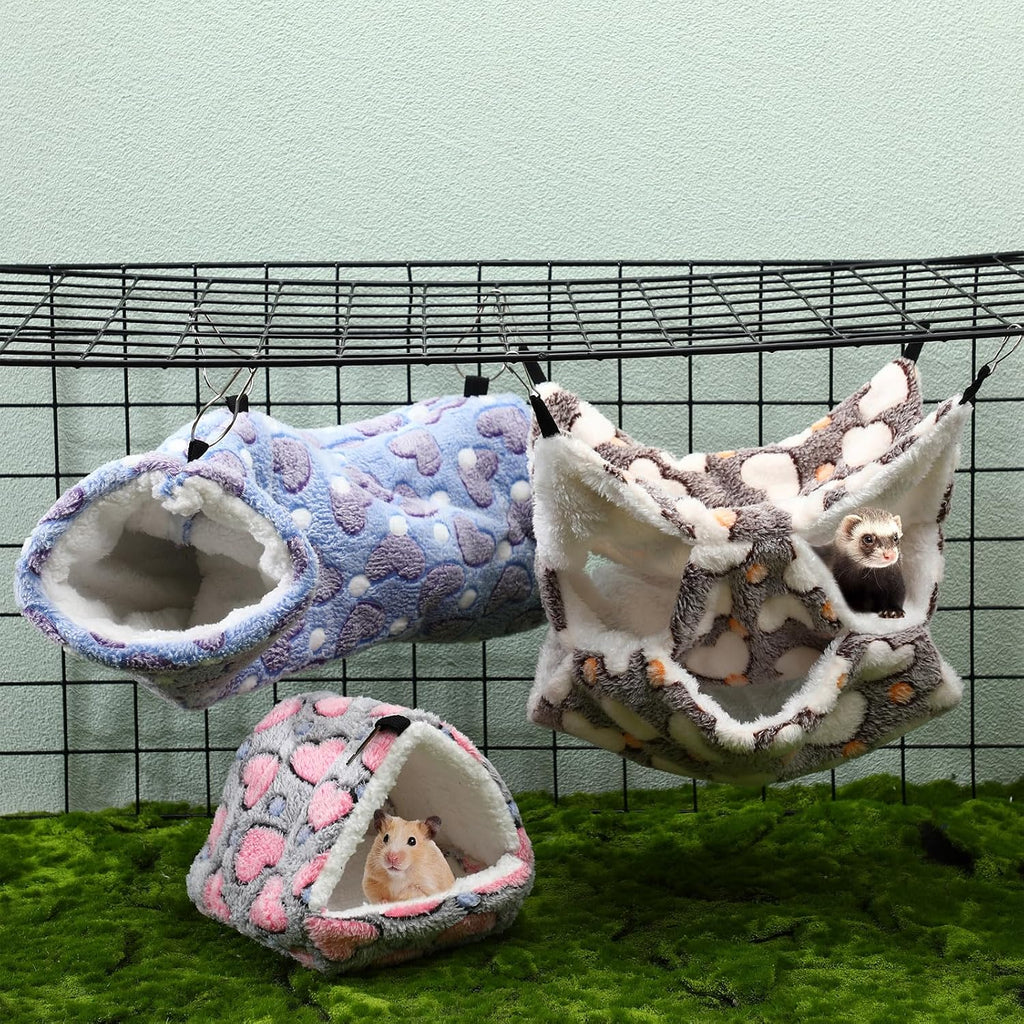 Abbylike 9 Pieces Rat Hammock 3 Tier Guinea Pig Ferret Hammocks Small Pet Hanging Tunnel Glider Toy Guinea Pig Ferret Hideout Bed Cage Accessories for Hamster(Purple, Brown, Gray,Heart)