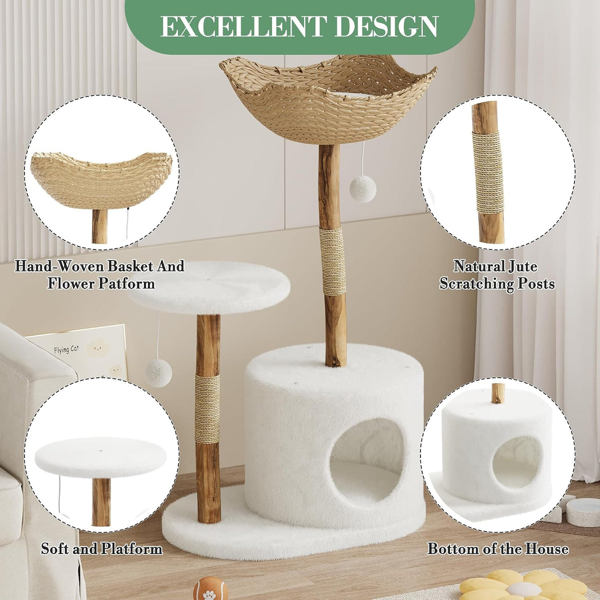 46" Cat Tree Tower with Bed - Wooden Cat Tower with Scratching Posts, Platforms, Spacious Wicker Basket, Pom Pom Balls - Indoor Cat Condo & Furniture for Kittens and Cats