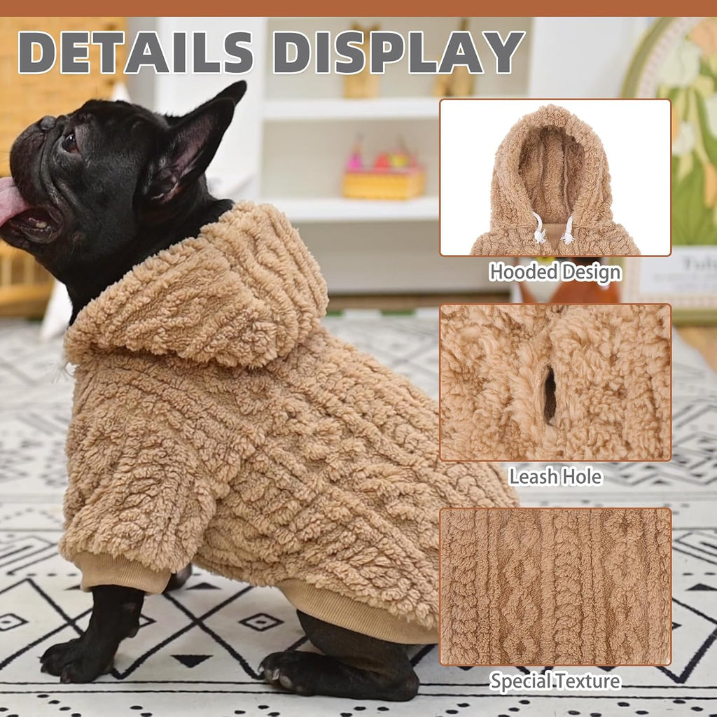 KOOLTAIL Fuzzy Dog Sweater Hoodie for Small Medium Large Dogs, Soft Fleece Pet Clothes Sweatshirt with Leash Hole, Warm Winter Dog Sherpa Jacket Snuggie Cold Weather Coat for Puppy Cats Girl, Beige S