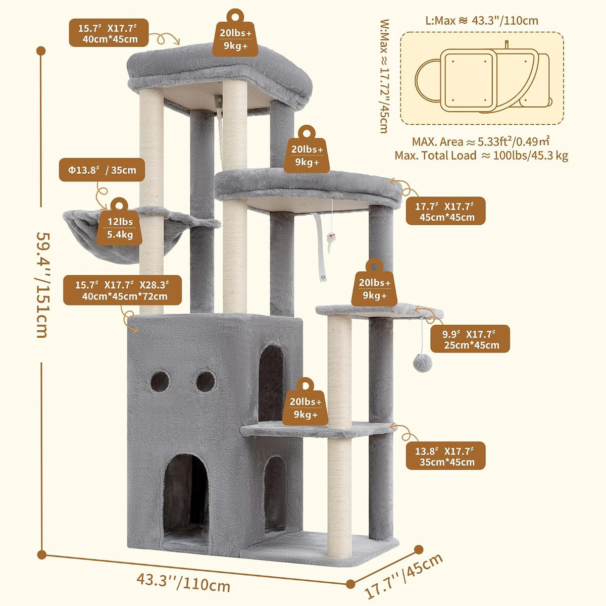 Heybly Cat Tree, 59.4" Secure Anti-Tip Cat Tower for Large Cats HCT055W