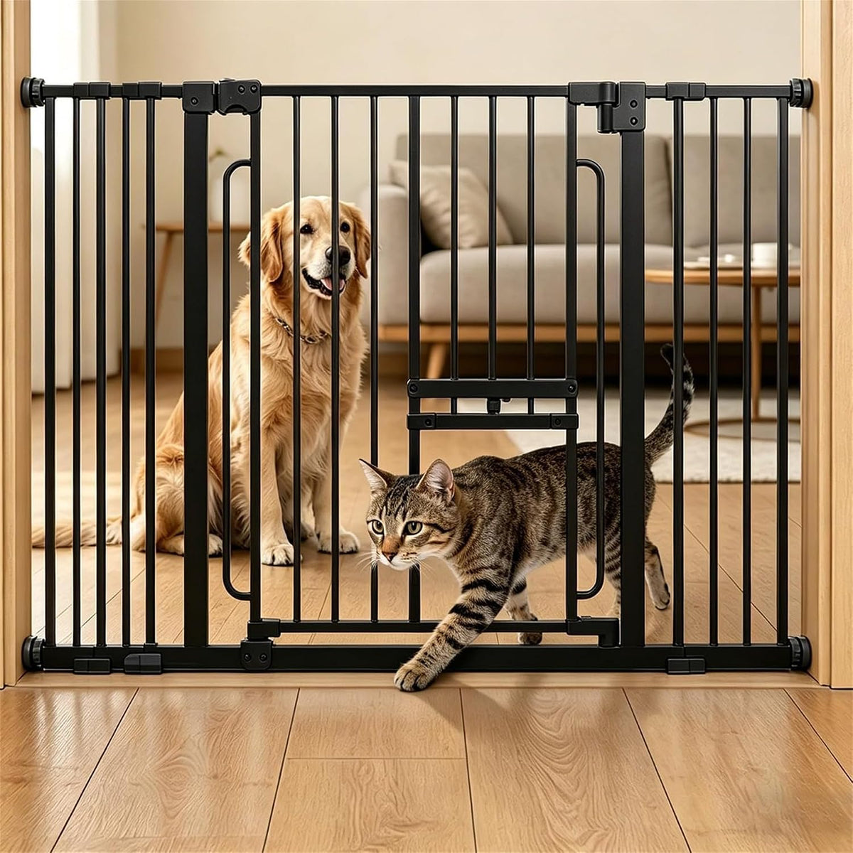 Dog Gate with Adjustable Cat Door, 29.5-42.5 in Wide, Black