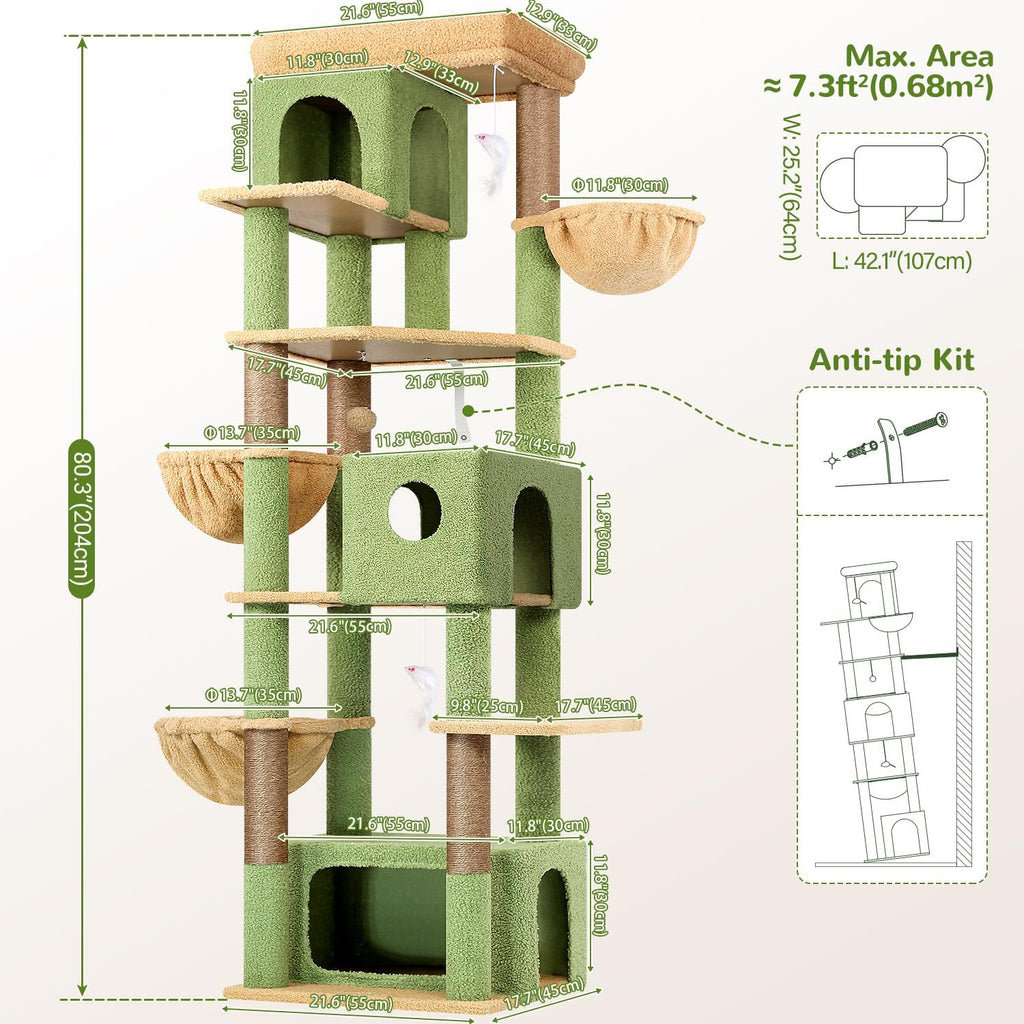 Globlazer Cactus Large Cat Tree, 80 inch Tall Climbing Tower, F80F, Green