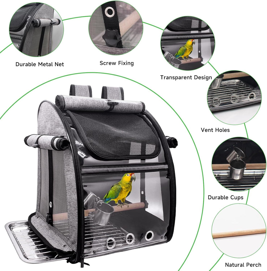 Bird Carrier Bag with Perch, Bird Travel Carrier Backpack with Stainless Steel Plate and Mesh, Portable Transparent Parakeet Travel Cage with Feeder Cups for Small Birds Parakeet Parrot