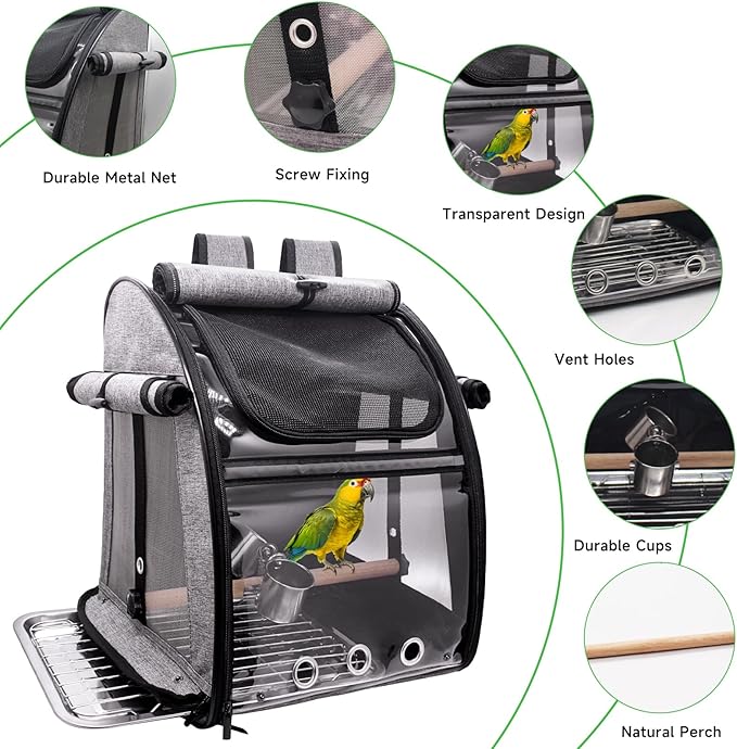 Bird Carrier Bag with Perch, Bird Travel Carrier Backpack with Stainless Steel - Image 2