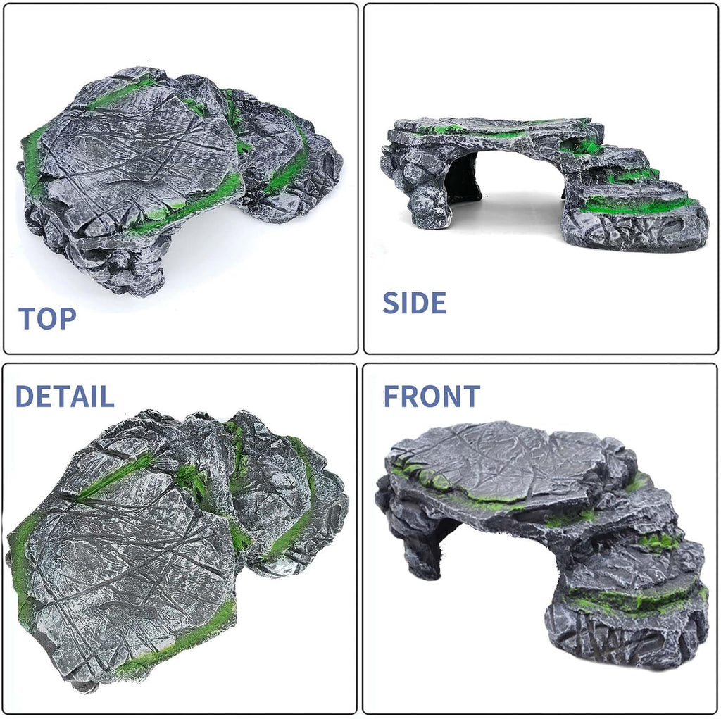 MoonOrange Turtle Basking Platform Kit, Reptile Habitat Hideout, Decorative Resin for Aquarium & Terrarium, Including Artificial Plant and Cleaning Brush. (A-Large-Black)