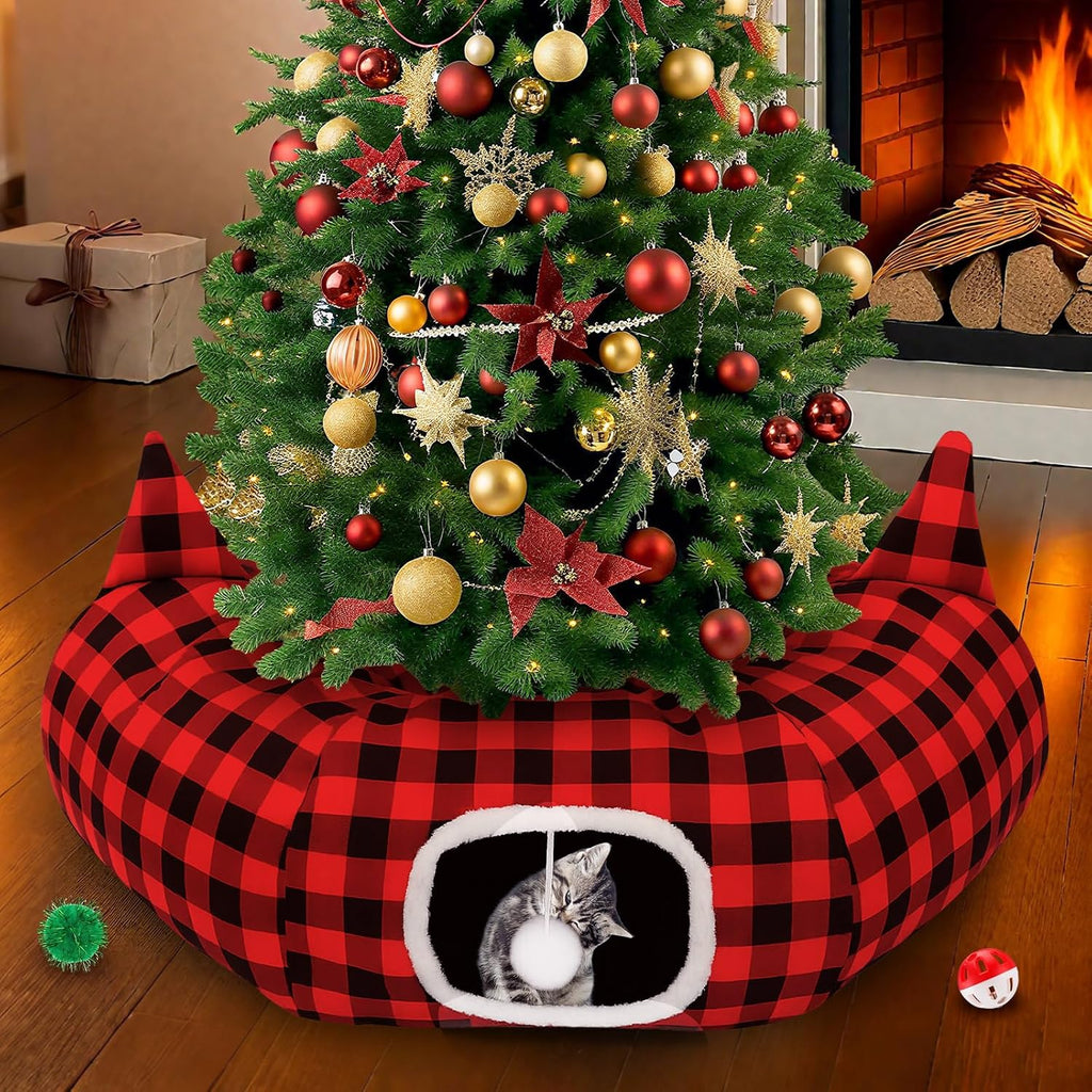 Sosation 9 Pcs Christmas Cat Tunnel Tree Skirt with 7 Pcs Toys 2.9ft x 2.9ft x 10.6inch Buffalo Plaid Tunnel Bed with Ball and Cat Cave for Felines and Small Animals Indoor Outdoor Decorations
