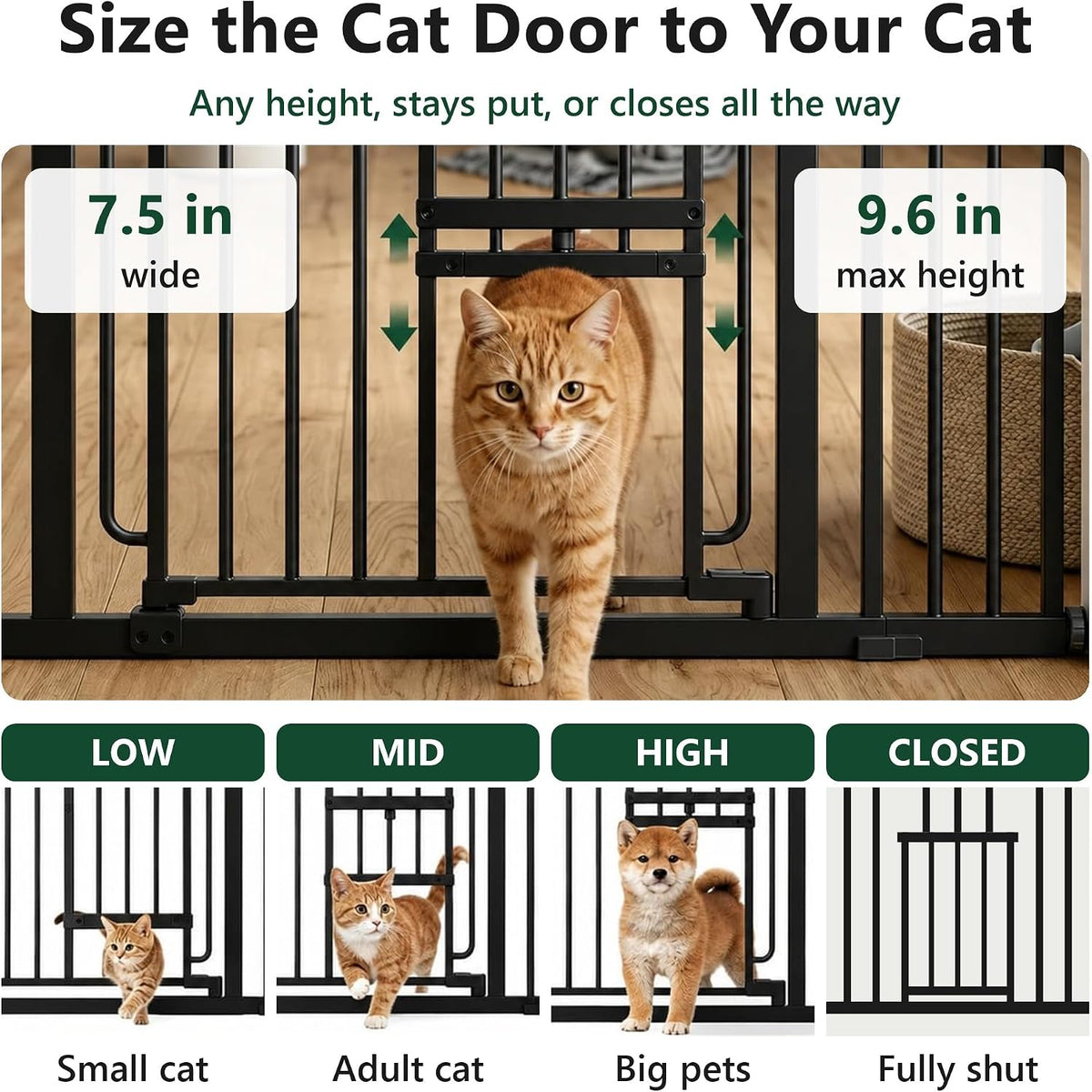 Dog Gate with Adjustable Cat Door, 29.5-42.5 in Wide, Black