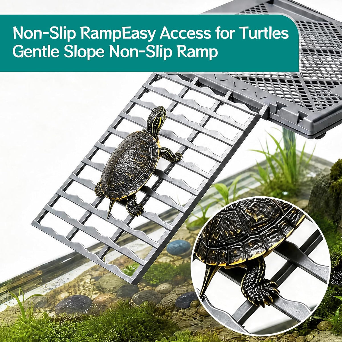 Turtle Basking Platform, Hanging Turtle Dock with Built-In Food Tray, Non-slip Ramp for 25–75 Gallon Aquarium, Aquatic Turtle Tank Accessories