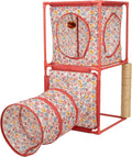 Kitty City Cozy Cube Retreat Cat Tower with Tunnel, Scratching Post & Hanging Toy, Dual-Level Indoor Cat Play Furniture for Climbing, Hiding & Lounging, Red