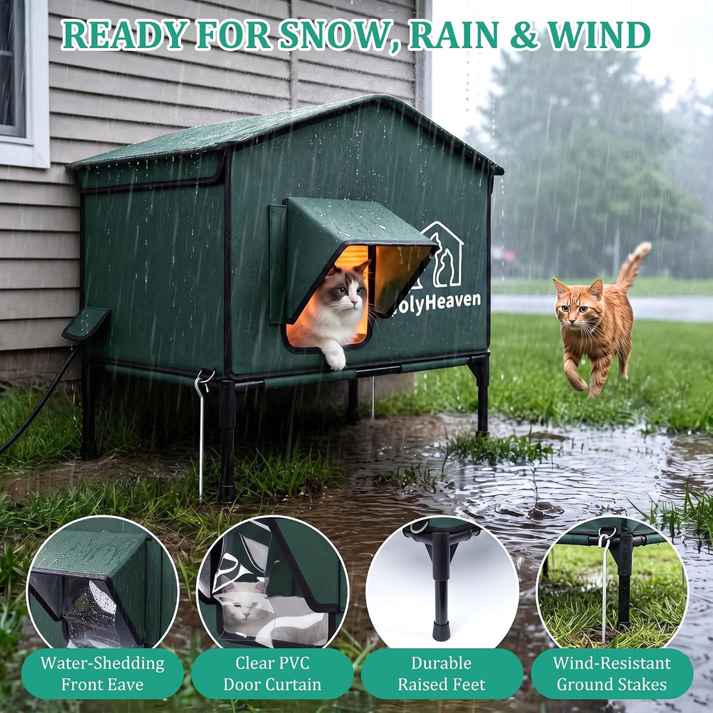Extra Large PU Leather Heated Cat House for Outside, Waterproof Cat Houses for Outdoor Cats with Heating Pad & Escape Door, Elevated Feral Cat House for Outdoor Cats, 27.95 x 18.9 x 16.5 in (Green)
