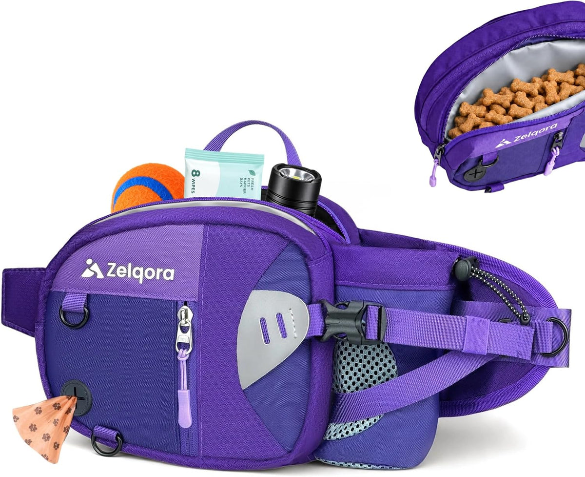 Dog Fanny Pack for Walking & Training, 5 Pockets, Bottle Holder (Purple)