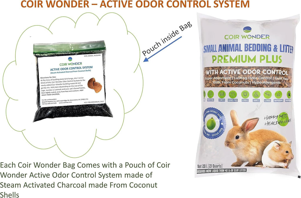 Coir Wonder Small Animal Bedding – 20 L –– Coco Chip Fiber Bedding Substrate for Guinea Pig, Hamster, Rabbit, Bunny Litter, Tortoise, Turtle, Reptile, Snake Habitat - Activated Charcoal Odor Control