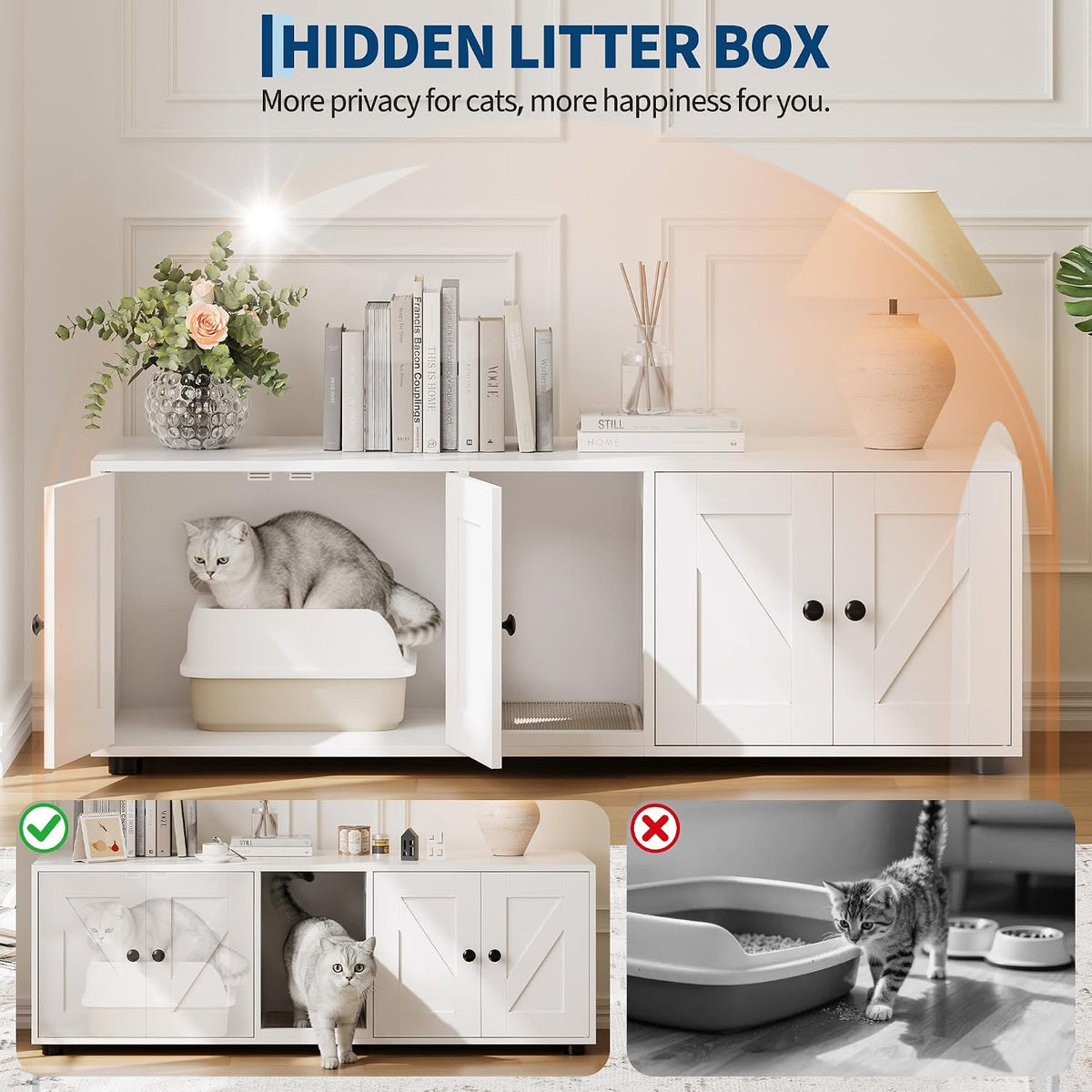 IDEALHOUSE Double Cat Litter Box Cabinet - Hidden Litter Box Tv Stand, Modern Litter Box Furniture Hidden for 2 Cats, Front Entry, Cat House, Side End Table, TV Stand with Cat Litter Box Enclosure