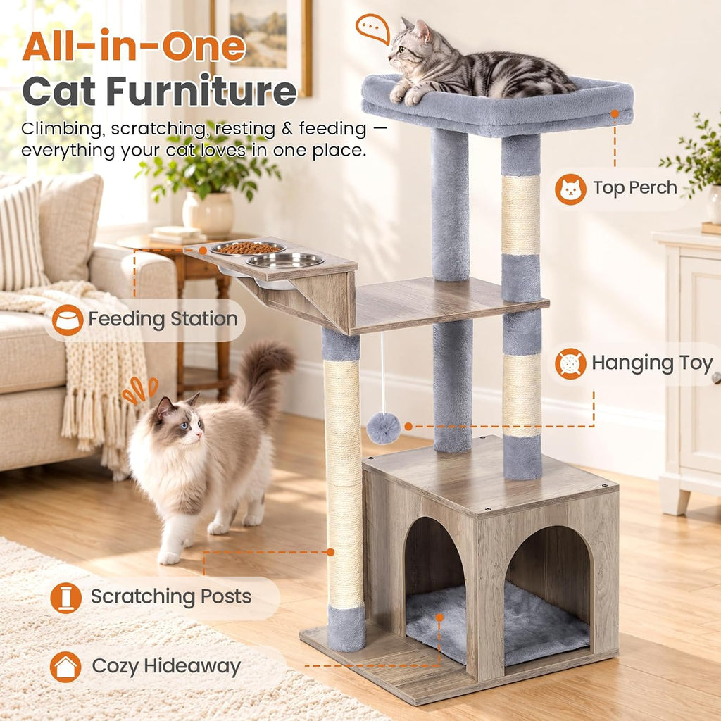 Snughome Small Cat Tree Tower for Indoor Cats, 37.4’’ Cat Tree with Feeding Station & Sisal Scratching Post for Kittens, 3-in-1 Activity Cat Tower with Cat Condo, Hanging Ball for Play Rest, Grey