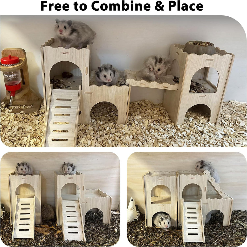 Large Hamster Hideout, Wooden Double-Decker Castle with Climb Ladder