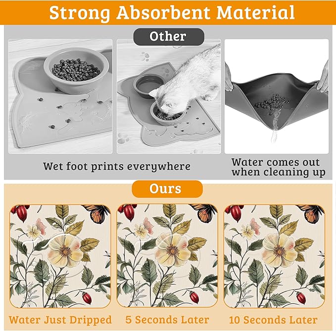 Butterfly Flower Dog Food Mat, Vintage Berry Absorbent Pet Feeding Mat - Image 3