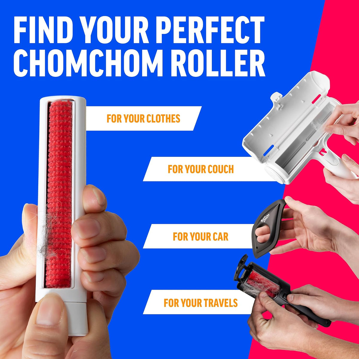 ChomChom Roller & Rake – Reusable Pet Hair Removal Roller with Rake Attachment for Cat & Dog Fur on Furniture, Couch, Carpet, Car, Rugs, Bedding & More– Portable, Eco-Friendly