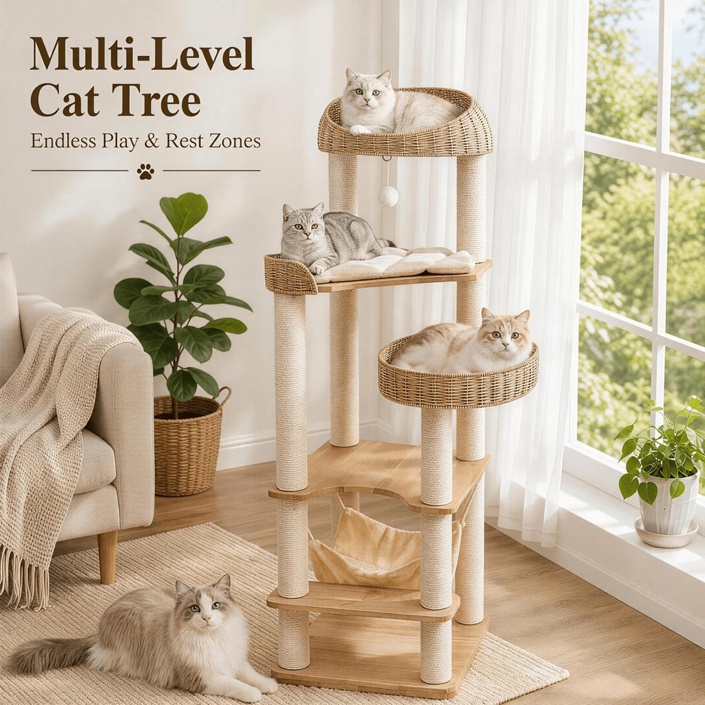 62in Wood Cat Tree for Large Cats, Heavy Duty Tall Cat Tower