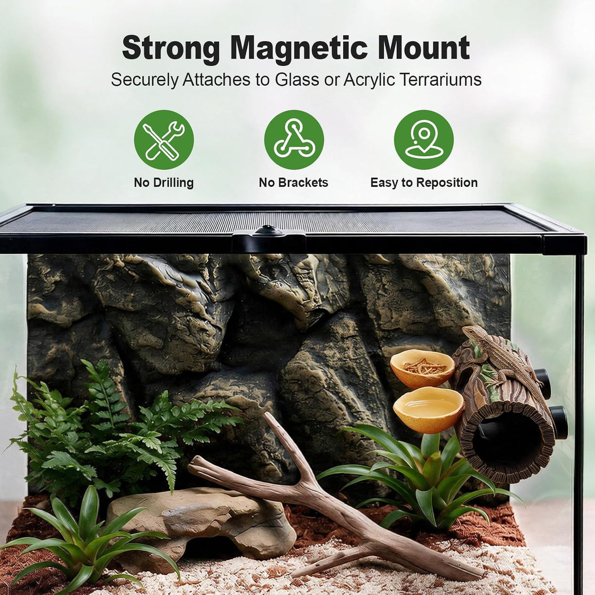 2-in-1 Magnetic Reptile Hide Cave with Dual Feeding Bowls
