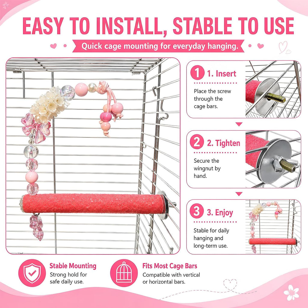Bird Parrot Perch with Beads and Bow Chew Toy,Cage Platform Toy and Exercise Accessories for Budgies Parakeets Cockatiels Conures and Lovebirds (Blush Pink)
