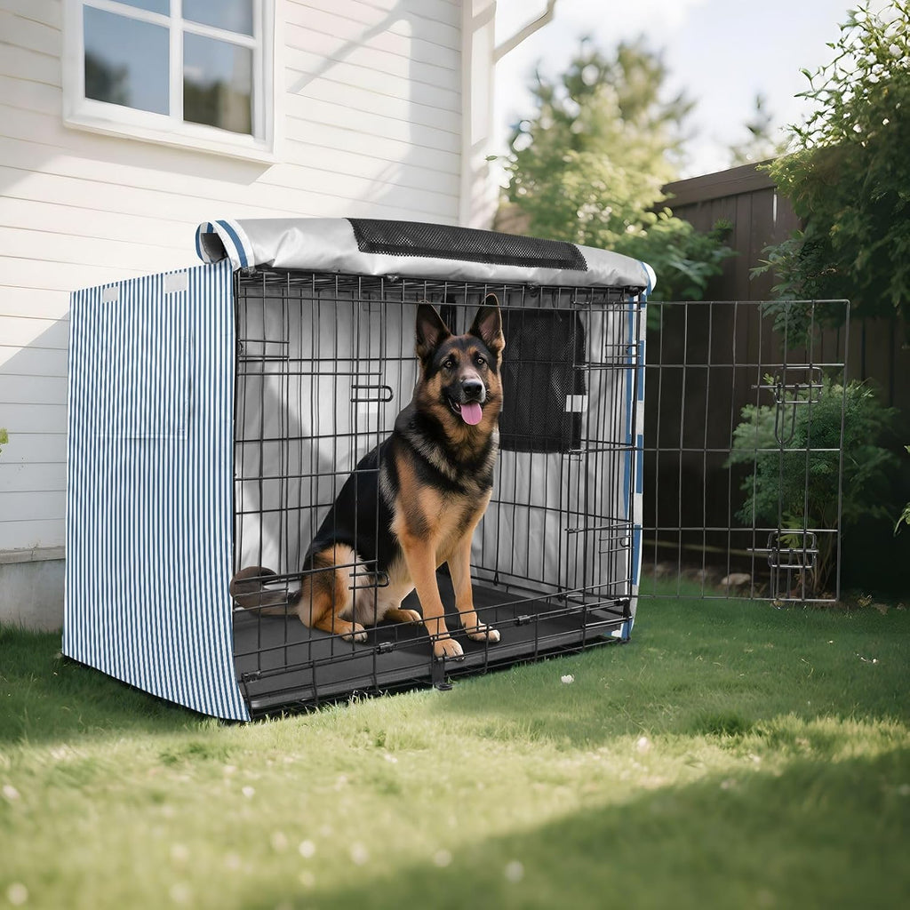 Blue White Stripes Dog Crate Cover 600D Oxford Heavy Duty Kennel Cover Mesh Window Soundproof Waterproof Sunshade Universal Fit for 30 inches Wire Cage
