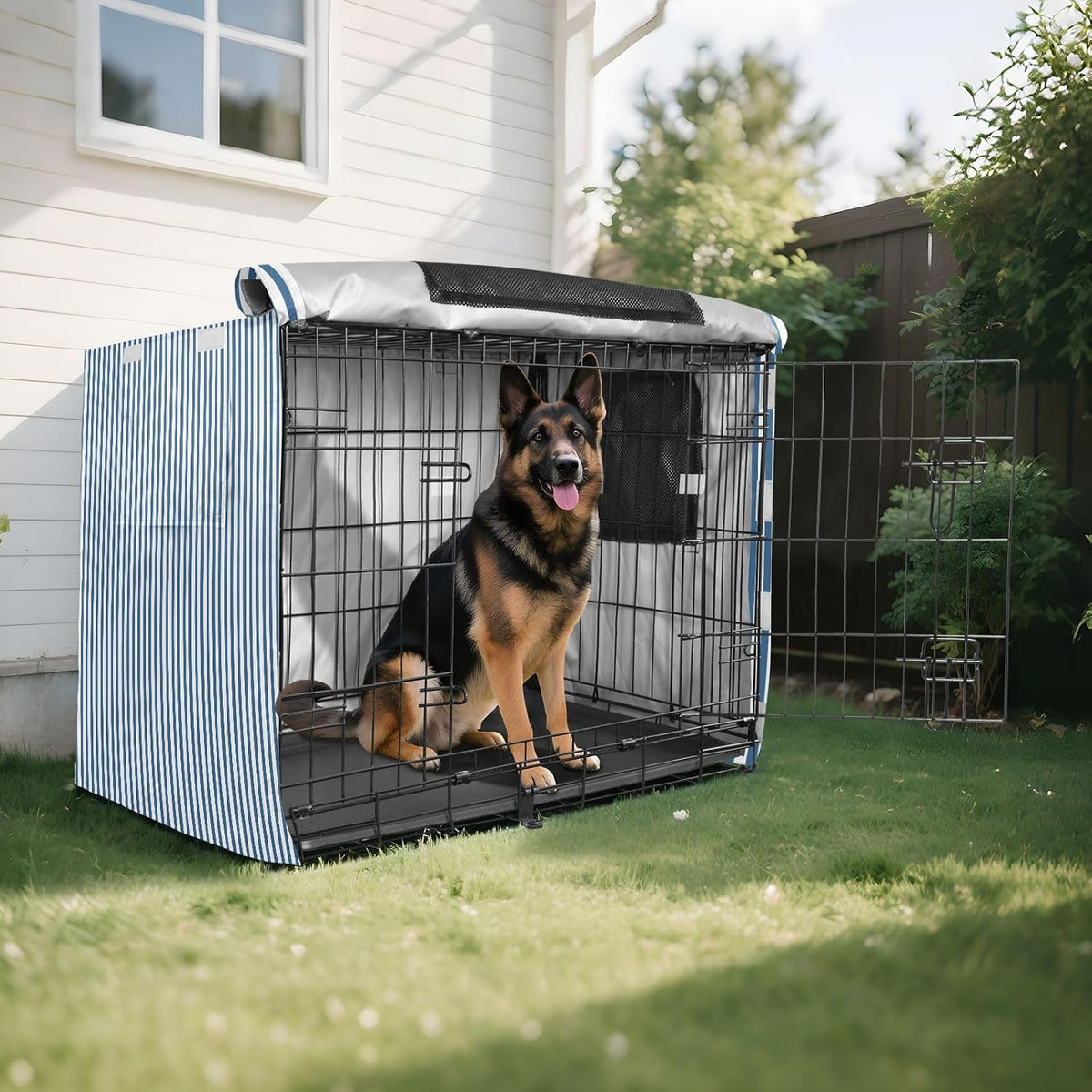 Blue White Stripes Dog Crate Cover 600D Oxford Heavy Duty Kennel Cover Mesh Window Soundproof Waterproof Sunshade Universal Fit for 30 inches Wire Cage