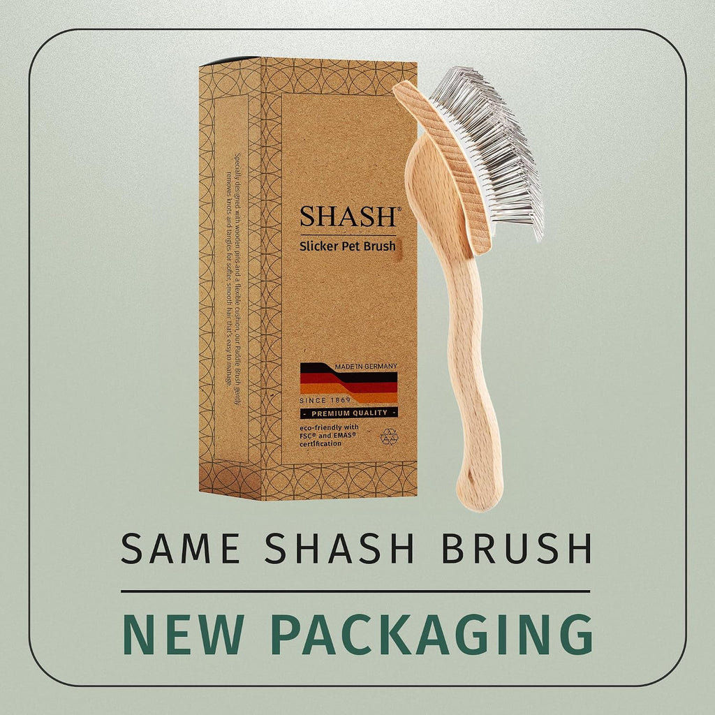SHASH Since 1869 Hand Made in Germany Slicker Pet Brush with Curved Metal Pins and Rubber Cushion - Helps Detangle Knots, Eliminate Frizz, Reduce Pulling & Snagging