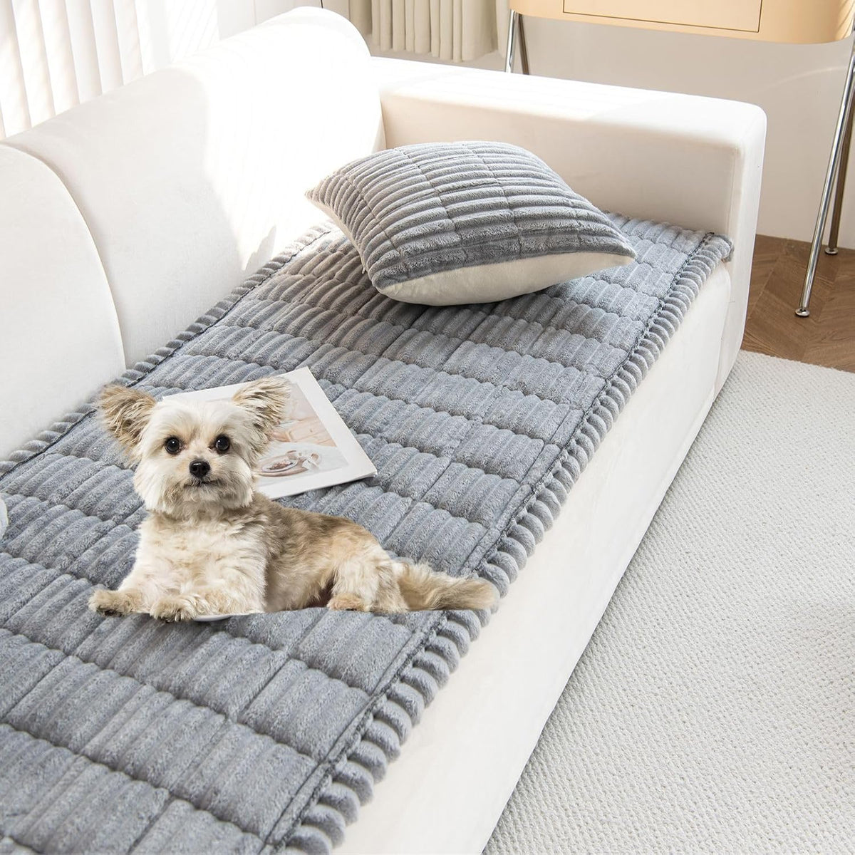 Plush Couch Cover for Dogs 3D Stripe Fuzzy Sofa Covers Washable