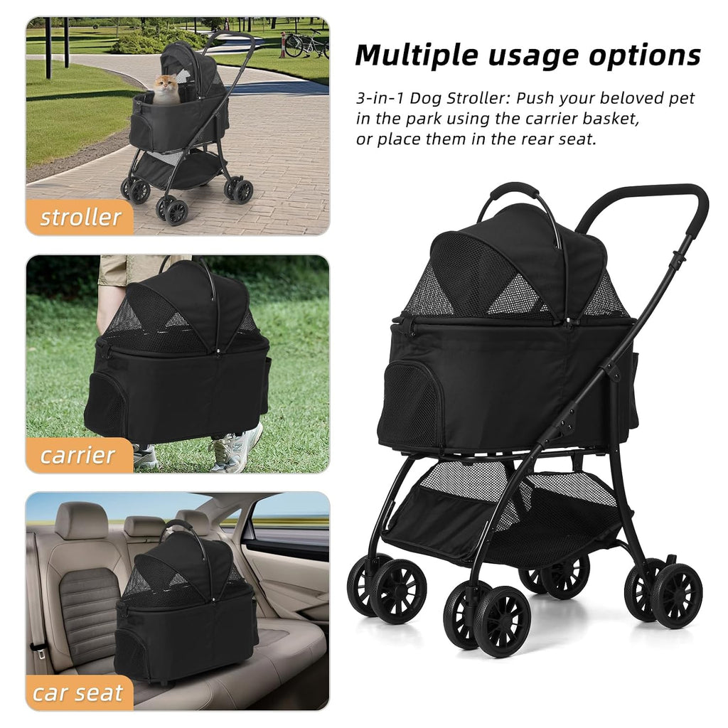 Dog and Cat Stroller with Detachable Carrier, 4-Wheel, Car Seat (Grey)
