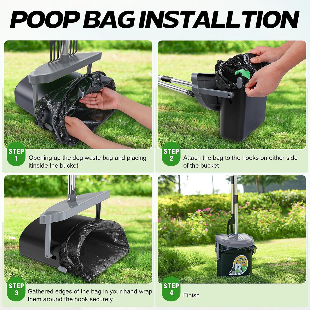 UPSKY 33.4" Dog Pooper Scooper Swivel Bin & Rake Kit with 100 Waste Bags