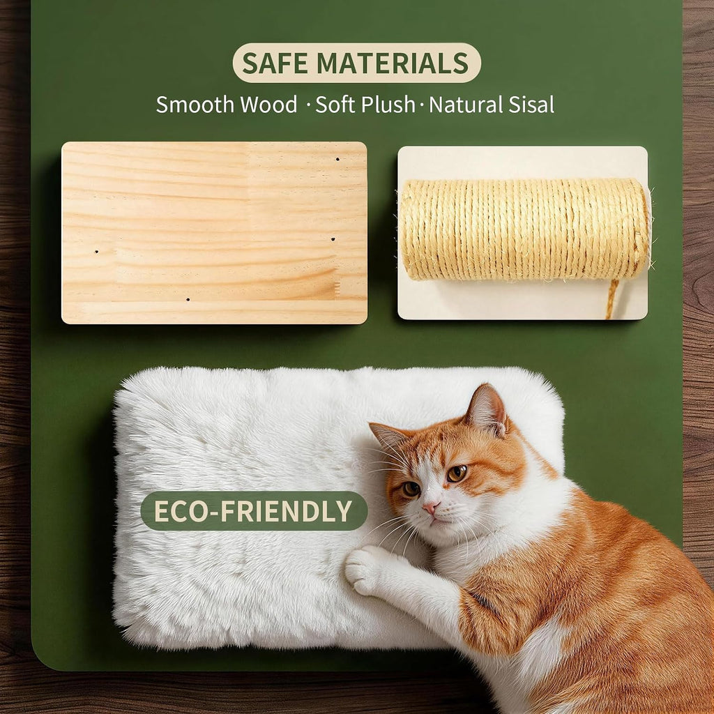 Cat Wall Shelves, 6-in-1 Solid Wood Wall Mounted Cat Furniture Set with Sisal Scratching Post, Hammock, Rope Bridge & Perches, Space Saving, Holds 40 lbs for Indoor Cats