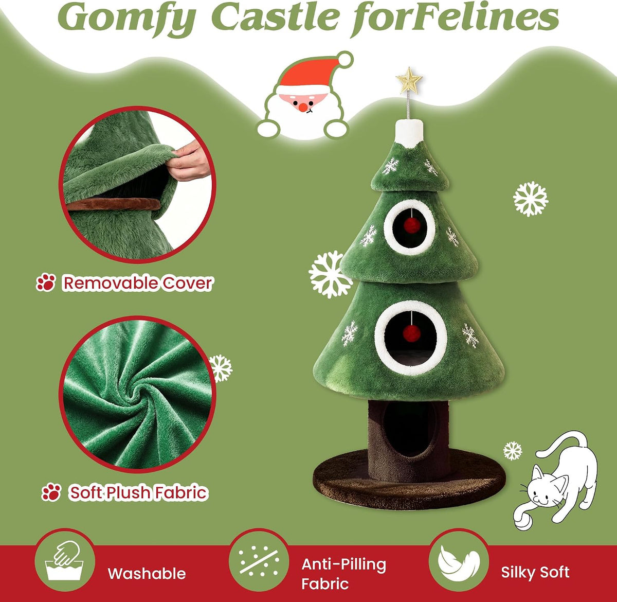 SHA CERLIN 56" Christmas Cat Tree Tower, Multi-Level Condo for Indoor Cats