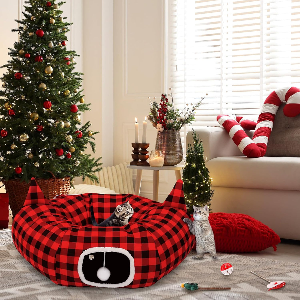 Sosation 9 Pcs Christmas Cat Tunnel Tree Skirt with 7 Pcs Toys 2.9ft x 2.9ft x 10.6inch Buffalo Plaid Tunnel Bed with Ball and Cat Cave for Felines and Small Animals Indoor Outdoor Decorations