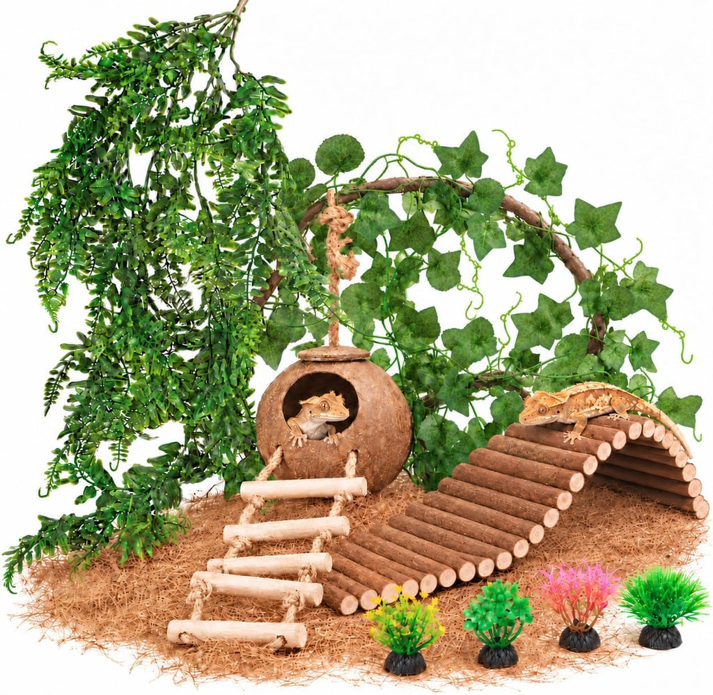 10PCS Crested Gecko Tank Accessories, Reptile Plants Bridge Vines, Coconut Shell with Ladder for Lizard, Chameleon Cage, Snakes, Hermit Crab, Leopard Gecko Tank Accessories, Terrarium Decor
