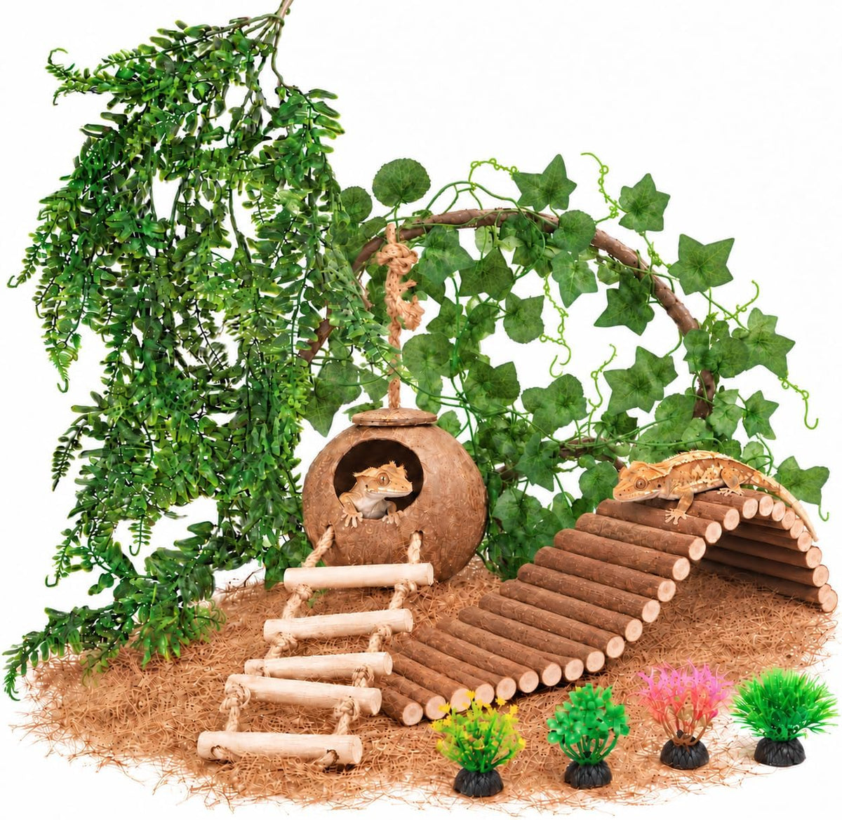10PCS Crested Gecko Tank Accessories, Reptile Plants Bridge Vines, Coconut Shell with Ladder for Lizard, Chameleon Cage, Snakes, Hermit Crab, Leopard Gecko Tank Accessories, Terrarium Decor