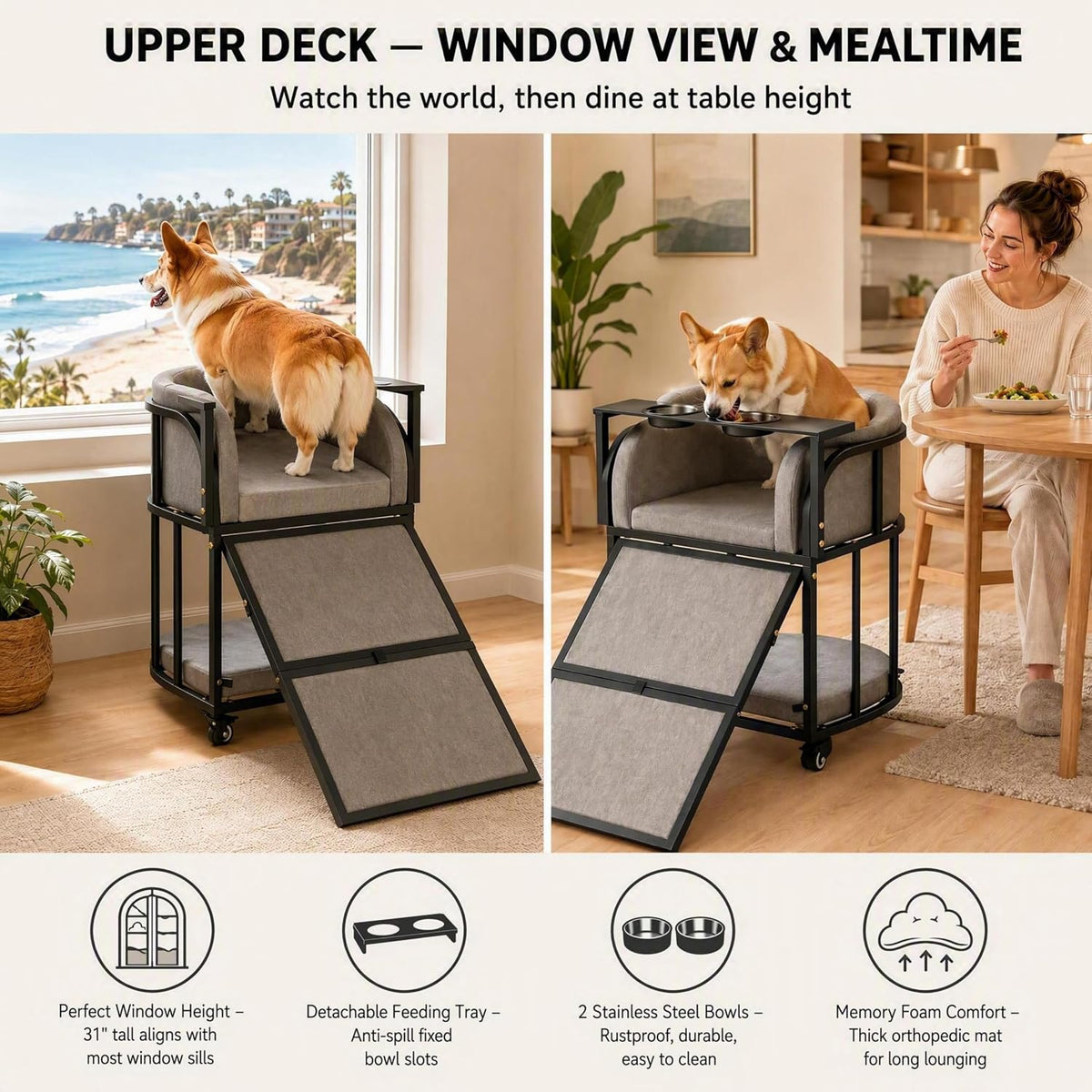 Dog Window Perch with Stairs – 6-in-1 Velvet Pet Sofa with Ramp, Detachable Feeding Tray, Privacy Blackout Curtain, 360° Locking Wheels & Memory Foam Cushion for Small Dogs and Cats.