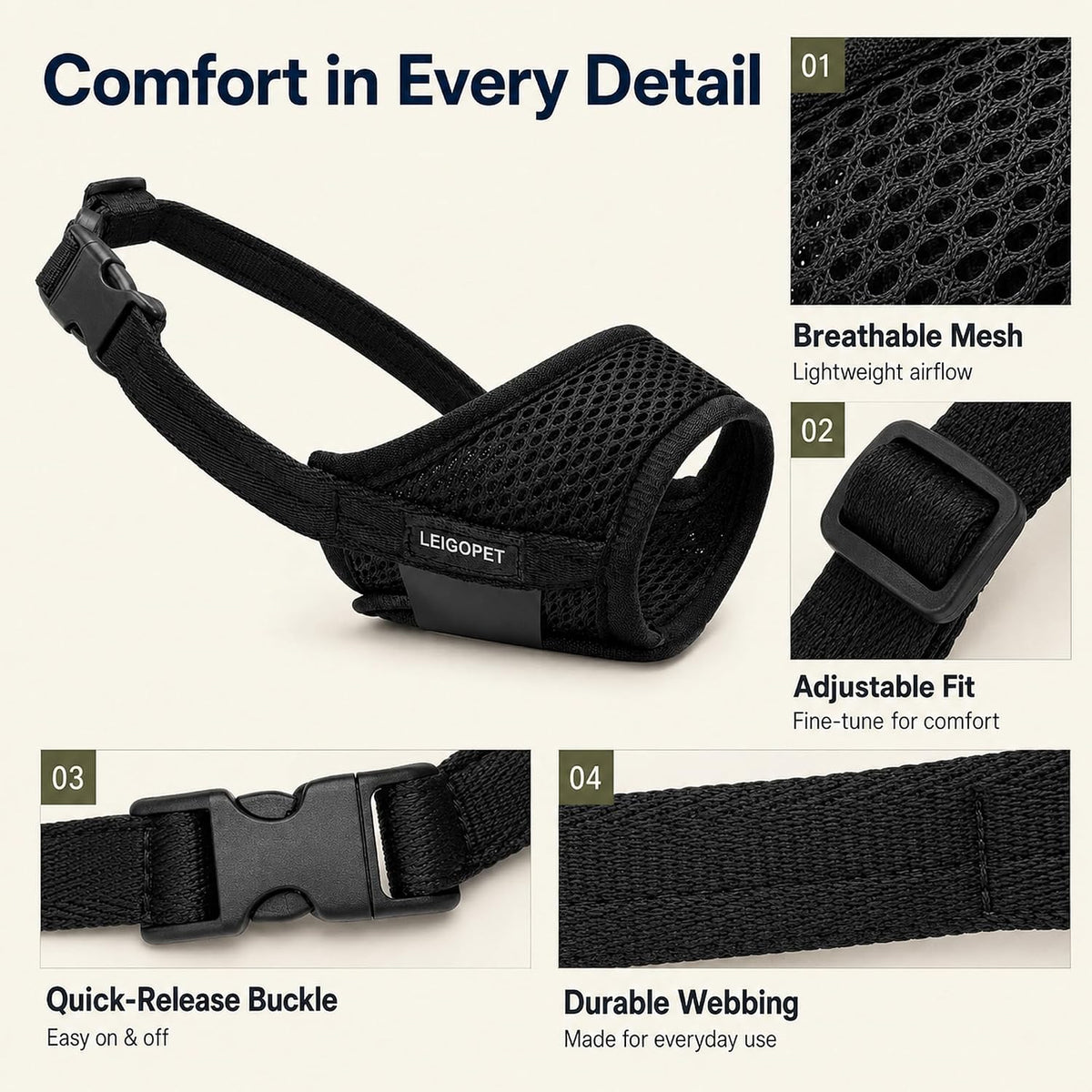 Dog Muzzle for Medium Dogs, Breathable Mesh, Black, M