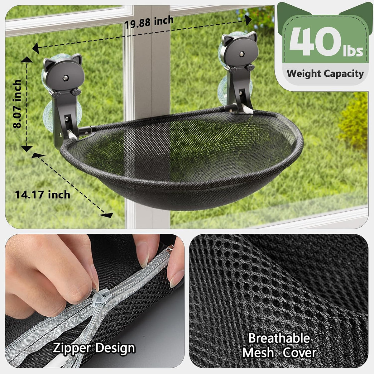 JUNSPOW Cat Window Perch Cordless, Foldable & Stable Cat Beds- Breathable Cat Window Hammock for Overlooking, Sunbathing and Climbing - Maximum Hold Up to 40lb