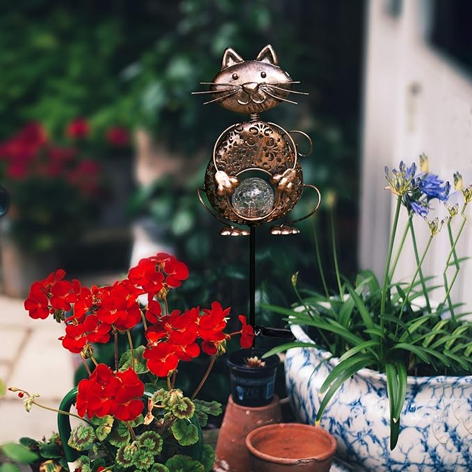 KAIXOXIN Garden Solar Lights Metal Cat Crackle Glass Globe Stake Light - Image 4