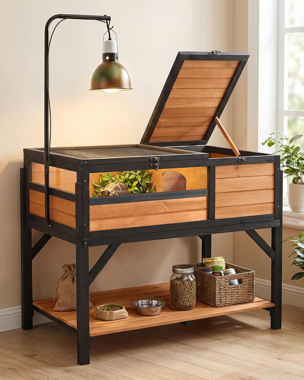 Wooden Tortoise Habitat with Detachable Legs & Adjustable Lamp Holder – Reptile Terrarium for Small Animals