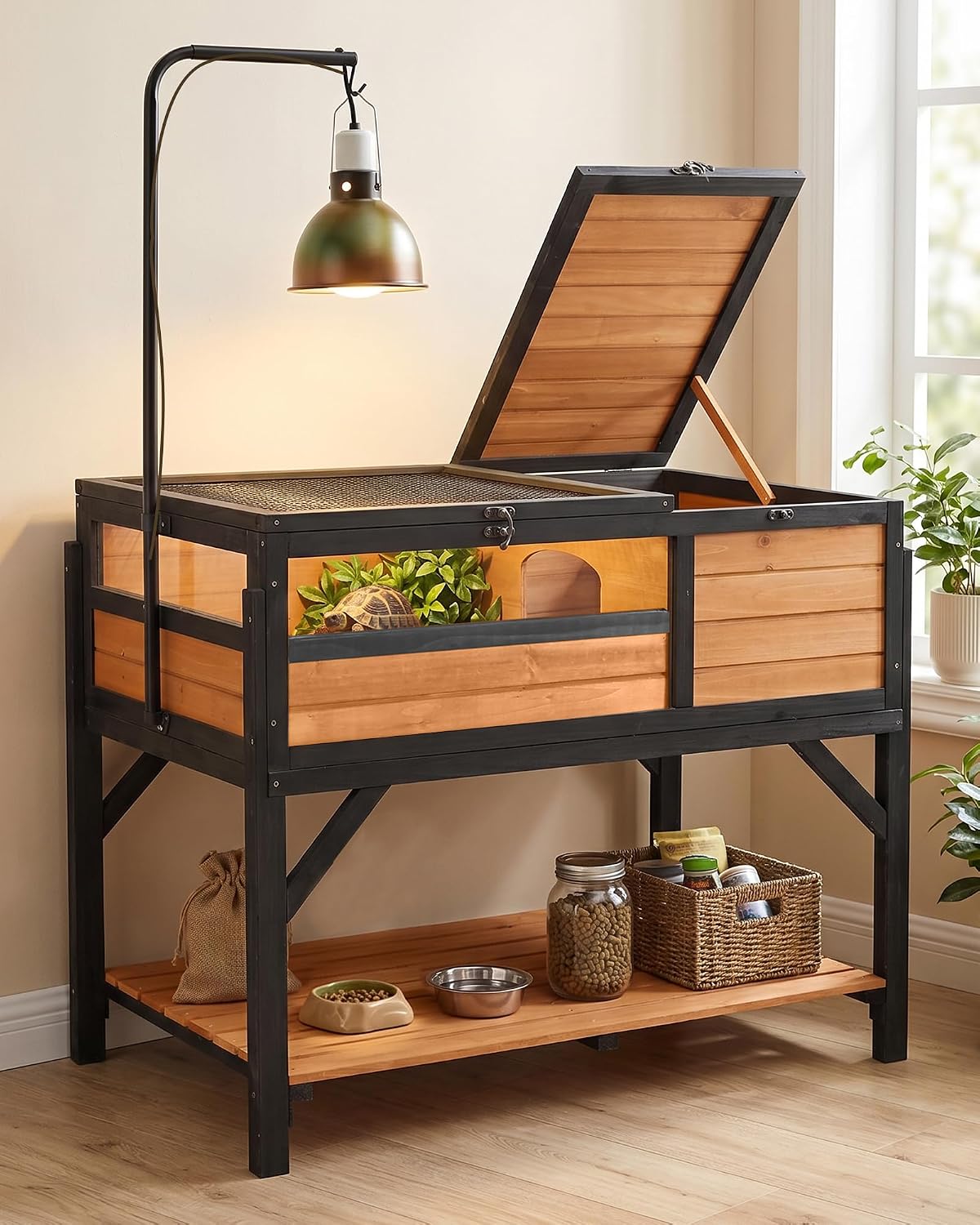 Wooden Tortoise Habitat with Detachable Legs & Adjustable Lamp Holder – Reptile Terrarium for Small Animals