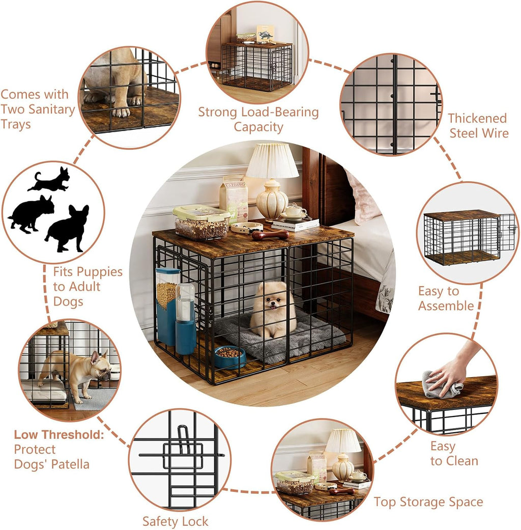 24 Inch Small Dog Crate Furniture - All-Season Indoor Dog Kennel with Wooden Top & Thickened Metal Wire, Cage for Small Dogs & Puppies Under 20 lbs. Fits Living Room, Bedroom, Hallway.