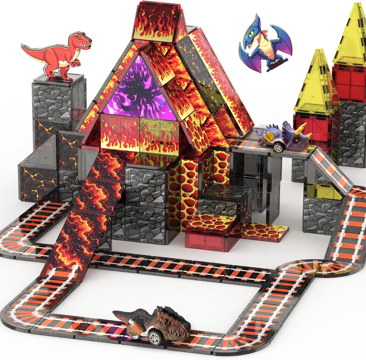 Magnetic Tiles Rail Pack 38-Pieces Magnetic Rail Clamps with Pullback Cars