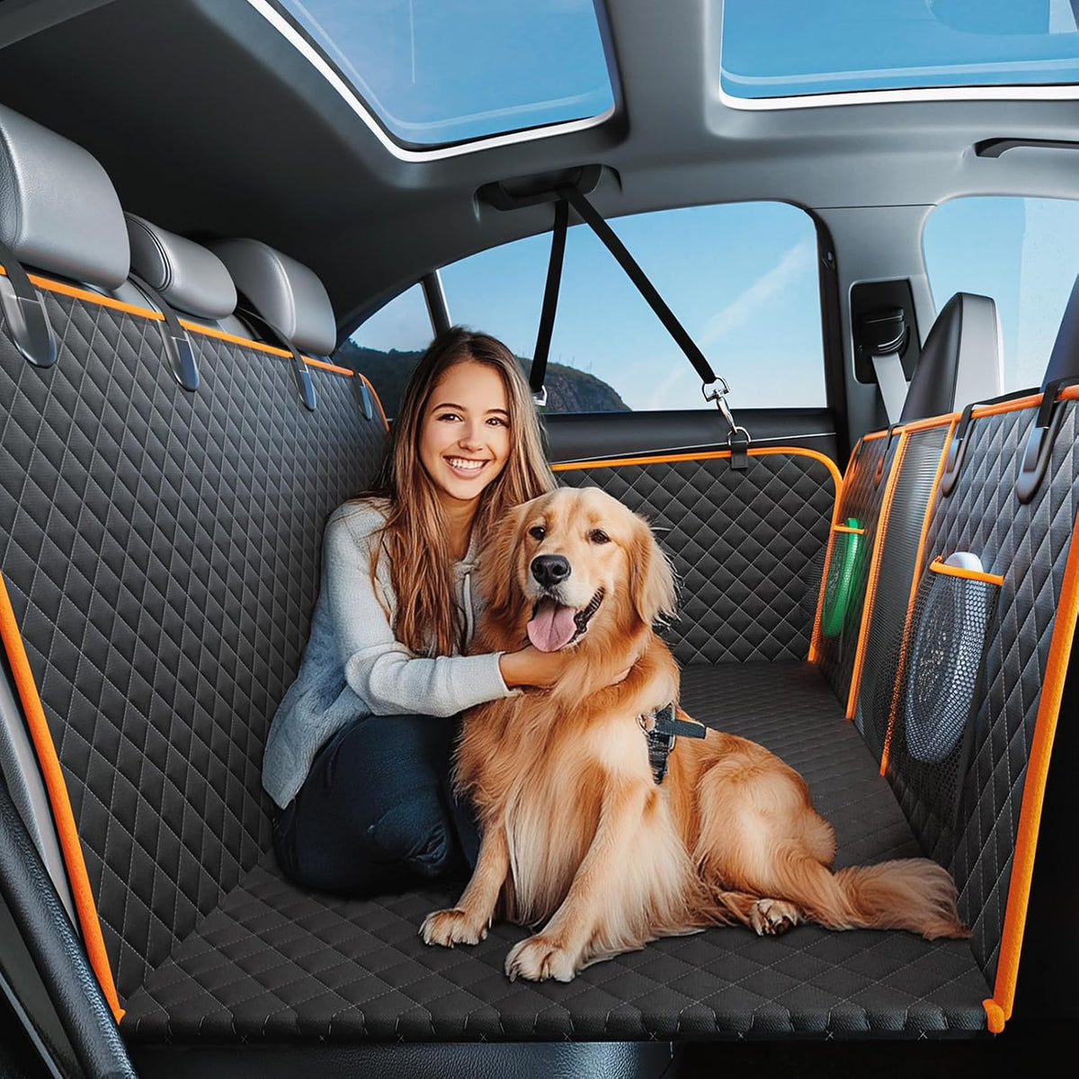 Back Seat Extender for Dogs - Large Space, Heavy-Duty Dog Car Seat Cover for Back Seat with Hard Bottom Holds 420lbs, Waterproof 600D Upgraded Material Dog Hammock for F150 Green